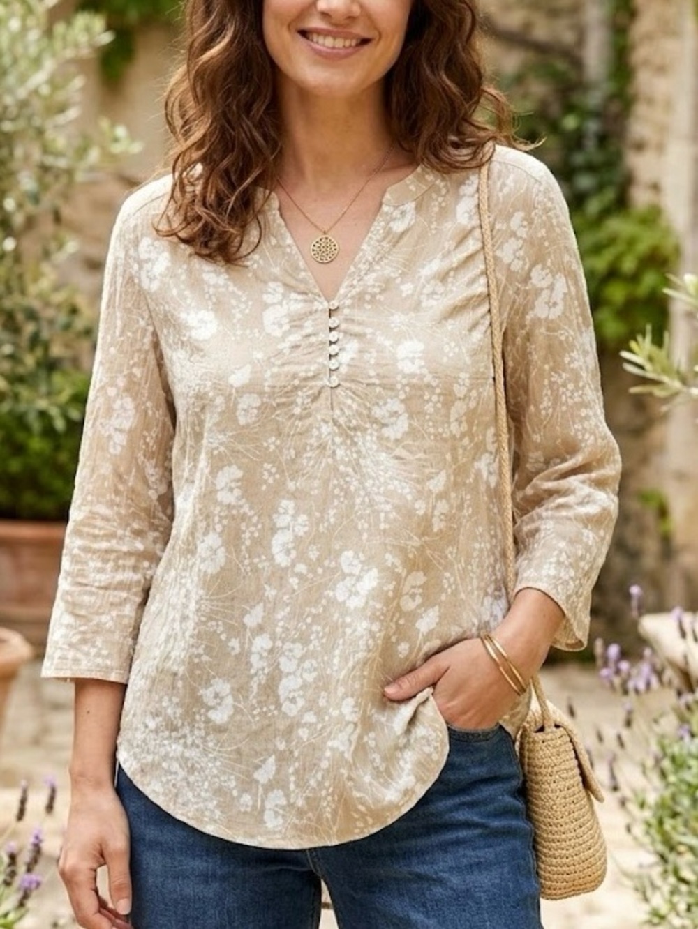 Como Blu Boho Floral Tunic Top M | Tan & White Neutral Cottagecore Peasant Chic